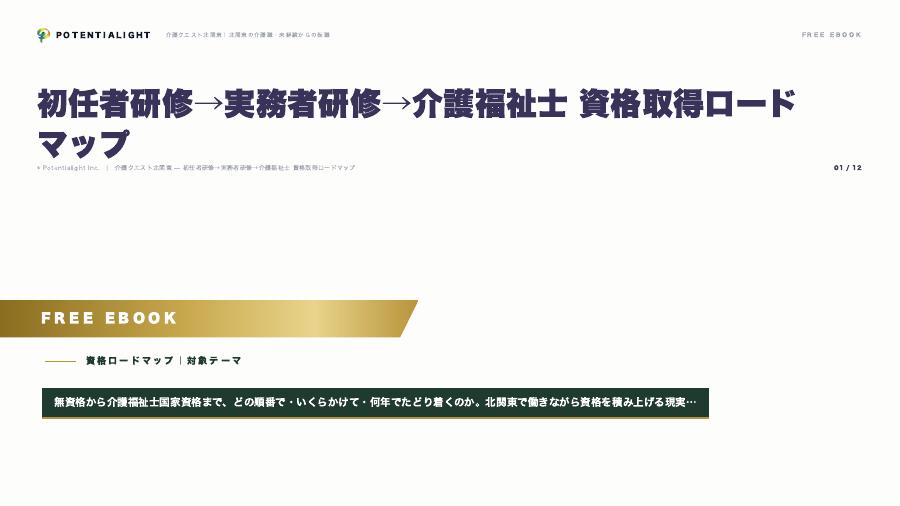 初任者研修→実務者研修→介護福祉士 資格取得ロードマップ eBook表紙